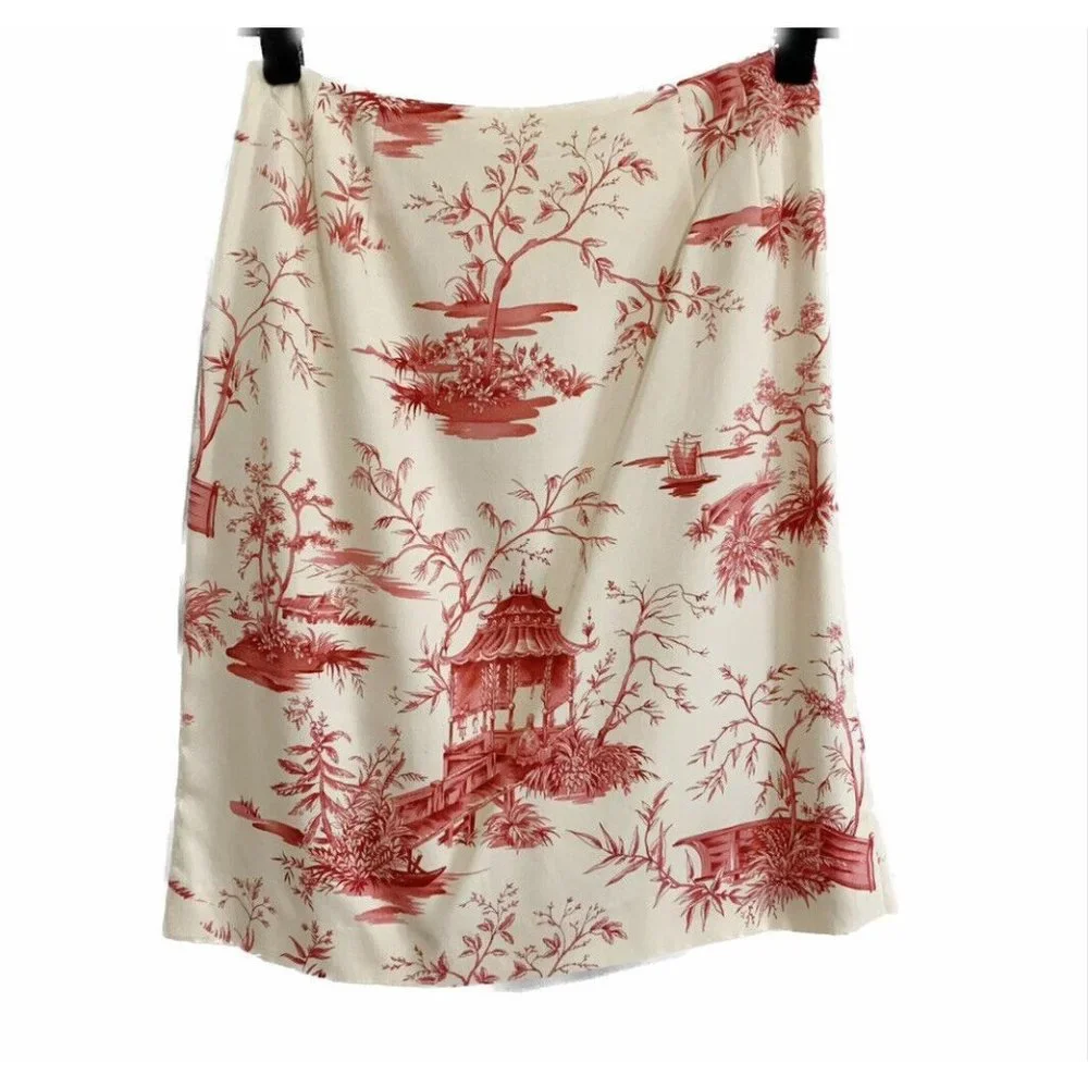 SALE🔥 Talbots Pagoda Straight Skirt 8 Petite Red Cream Silk Lined Office Casual